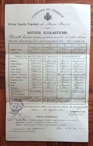 crv 240 Pagella notizie scolastiche 1902 -Trieste Scuola Popolare di Rena Nuova - Imagen 1 de 1