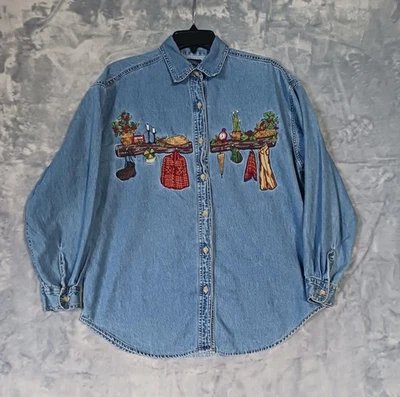 Vintage Solutions Denim Shirt Womens Medium Embroidered Floral Western 90s - Image 1 of 4