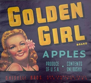 Golden Girl Apples Vintage Crate Label Ghiselli Bros 1940s Pin-Up Style 9.25x10 - Picture 1 of 3