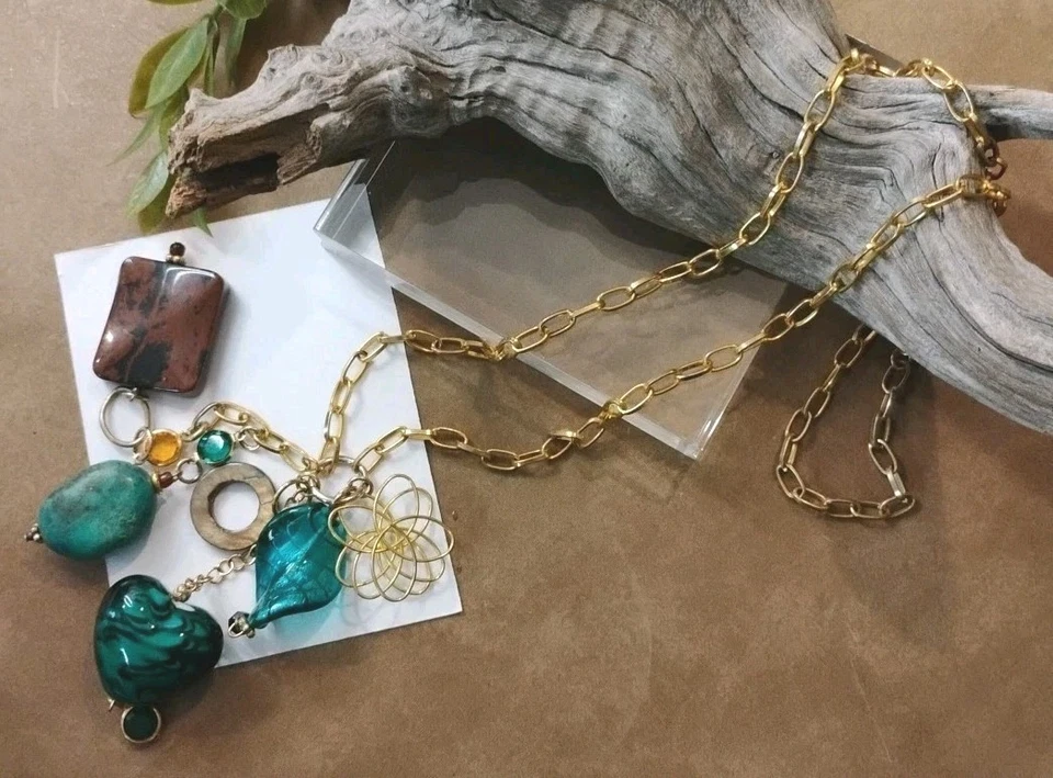 Chatelaine Style Multi Pendant (Art Glass Heart) Gold Tone 26" Chain Necklace! - Image 1 of 4