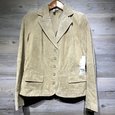 St Johns Bay Suede Leather Jacket Blazer Button Front Beige Womens Large Neutral - Image 1 of 4