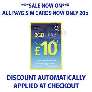PAYG O2 BIG BUNDLE 10 £ SIM 6 Go de données maintenant seulement 20p (RÉDUCTION AUTO APPLIQUÉE) - Photo 1 sur 1