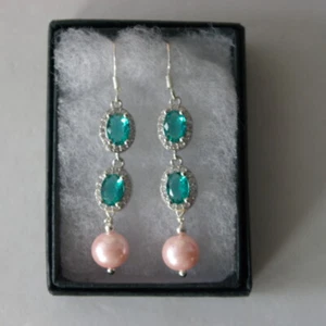 SILVER EARRINGS WITH RICH BLUE AQUAMARINE & PINK PEARLS 6 GR 3.6 CM LONG + HOOKS - Picture 1 of 6
