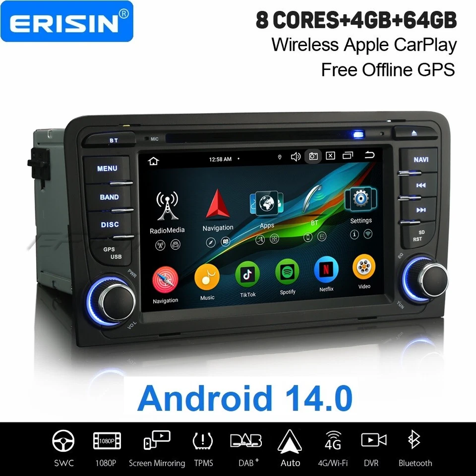64GB Android 14 Autoradio Für Audi A3 S3 RNSE-PU 4G DAB+ Carplay 8-Kern DVD Navi - Bild 1 von 4