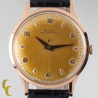 14k Rose Gold Doxa Hand-Winding Watch w/ Unique Patina Dial Black Leather Band - Image 1 of 4