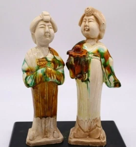 Chinese Antique Vintage Sancai Pottery Beauty Figurine Statue Pair - Picture 1 of 7