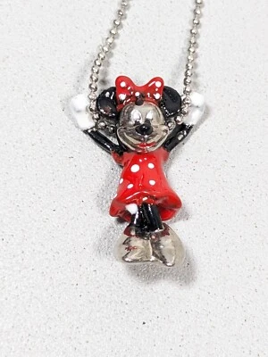 Minnie Mouse Vestido Rojo Lunares Diapositiva Dije Bola Cadena Collar 20" Tono Plata Foto 1 de 4
