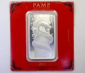 Pamp Suisse 2012 Dragon Lunar Serie 100 Gramm 999 Feinsilberbarren Barren in Assay - Bild 1 von 2