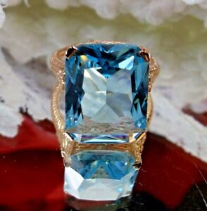 Aquamarine 10ct Simulated Gem, Rose Gold and Sterling Silver Ring D5