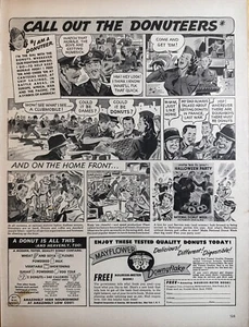 Anuncio impreso Mayflower Downyflake Donuts 1943, arte cómico Call Out The Donuteers - Imagen 1 de 1