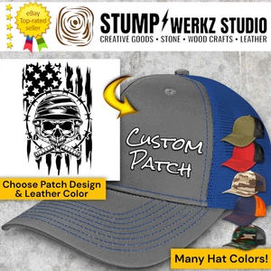 Custom Hat Trucker Baseball Cap Richardson Leather Patch US Military Skull Flag - Picture 1 of 21