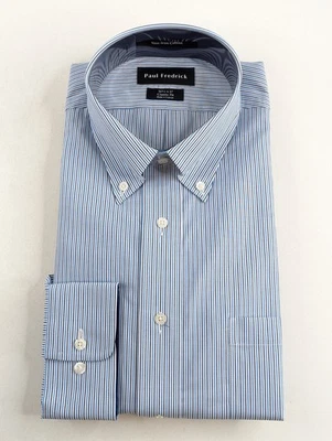 Camisa de vestir Paul Frederick 16,5x37 gris blanco azul algodón sin planchar ajuste clásico Foto 1 de 4