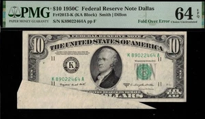 1950C $10 FRN FOLD OVER ERROR P.M.G #64EPQ - Picture 1 of 3