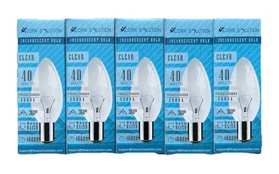 5 PACK OF ACORN SOLUTION CLEAR CANDLE BULBS 40W B15 SMALL BAYONET WARM WHITE NEW - Image 1 of 4