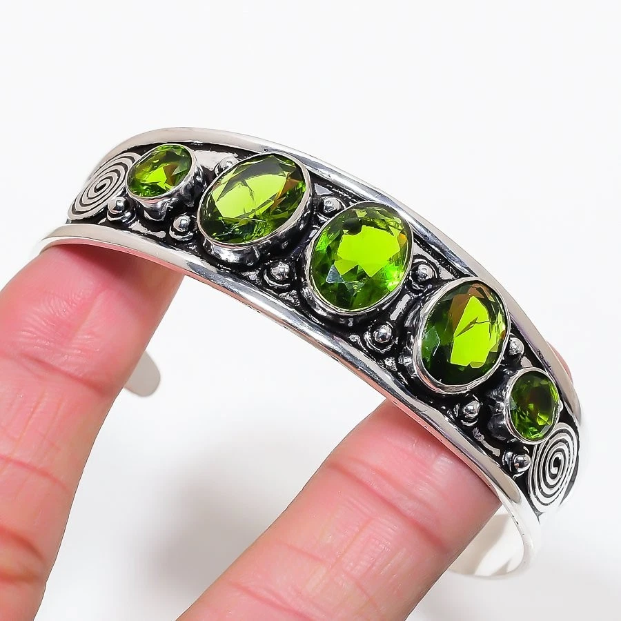 Green Peridot Gemstone 925 Sterling Silver Jewelry Adjustable Cuff Bracelet - Image 1 of 1