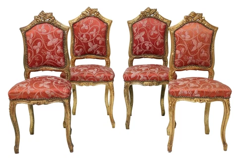 Antique Chairs, Side, French, Louis XV Style, Giltwood, Carved Crest, E. 1900s!! Cover