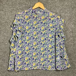 River Island Petite Pink Blue Floral Blouse - Ruffle Neck & Sleeves - Size 8 - Picture 1 of 9