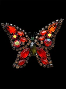 Nachlass Vintage WEISS Schmetterling Strass Brosche seltene Farben orange & grün - Bild 1 von 4