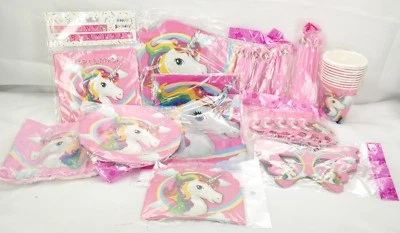 Juego de suministros de fiesta de cumpleaños de unicornio arco iris para 10 personas rosa TF Foto 1 de 4