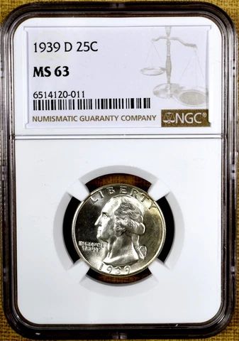1939-D NGC MS63 Washington Quarter - PQ !!! Cover