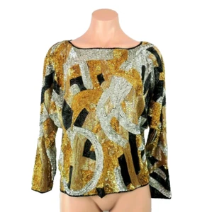 VTG Trophy Wife Heavy Beaded SEQUIN Evening Blouse Bold Silver Black Long Sleeve - Picture 1 of 8