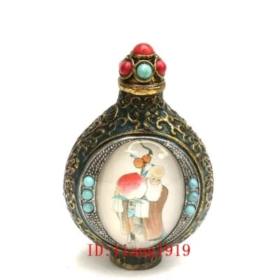 Antigua botella de tabaco china con incrustación a mano de bronce pintura dios de la longevidad Foto 1 de 4