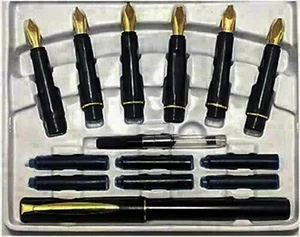 Fountain Pen Calligraphy Set 6 Nibs and 1 Pen 22 Carat Gold Plated Free Ship - Picture 1 of 4