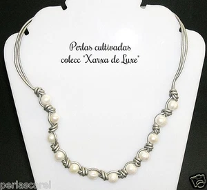 COLLAR con 13 PERLAS Cultivadas 10 mm y Cuero gris metal. Modelo "XARXA DE LUXE" - Imagen 1 de 2