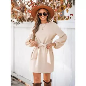 women Fashion size loose simple lantern sleeve dress belt slim women's clothing - Picture 1 of 7