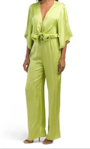 NWT YOUNG FABULOUS & BROKE SzM BREEZY ELBOW SLEEVE SATIN JUMPSUIT GREEN - Picture 1 of 6