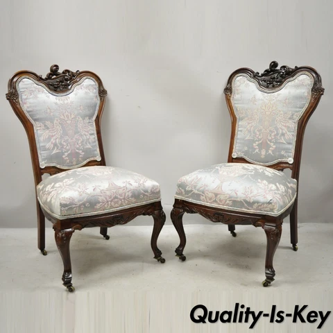 Antique Victorian Floral Scrollwork Carved Mahogany Parlor Side Chairs - a Pair Cover