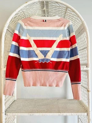 Cardigã feminino Thom Browne perna nadadora intársia listra arco-íris RARO esgotado - Imagem 1 de 4
