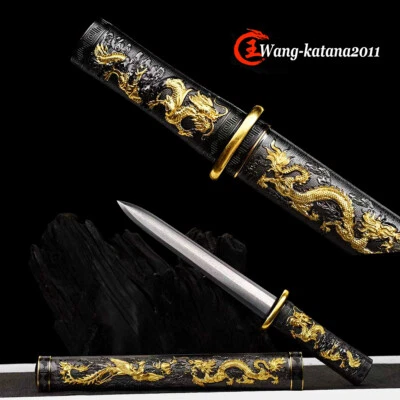 Black & Gold Chinese Short Knife Dragon & phoenix Self-defence Sword Damascus - Image 1 of 4