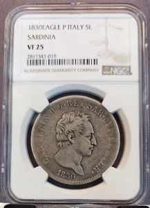 1830 ITALY SILVER 5 LIRE SARDINIA CARLO FELICE NGC VF 25 SCARCE NICE COIN - Picture 1 of 3