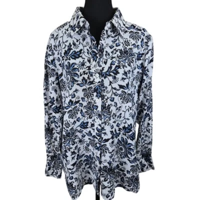 Kate Hill 100% 亚麻女式纽扣衬衫大号花卉 Cottagecore 波西米亚 — 第 1/4 张图片