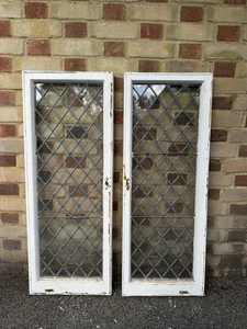 Pair Of Reclaimed Old Leaded Light Wooden Windows 1077 x 410mm 1075 x 400mm - Picture 1 of 24