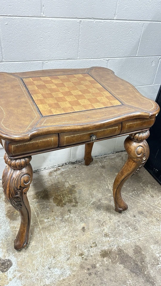 Vintage Wooden Antique Chess and Checkers Table Set with Chess Pieces and Board - Image 1 of 4
