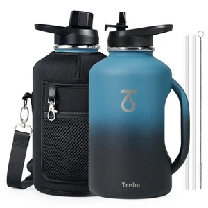 64 oz Water Bottle Insulated with Handle Straw Spout LidsHalf Gallon Double Wall - Picture 1 of 6