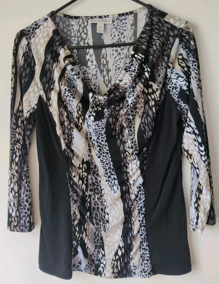 Top para mujer Dana Buchman estampado animal mangas 3/4 capucha cuello negro/marrón talla M Foto 1 de 4