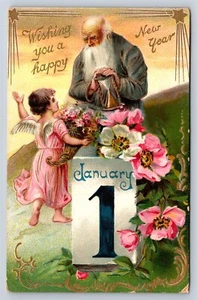 Postal Feliz Año Nuevo Padre Tiempo Querubín Alado Flores c1909 Tuck & Sons T26 - Imagen 1 de 3