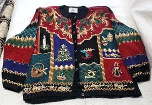 Vtg TIARA WOMEN cardigan sweater Christmas embroidered multicolor granny XL READ - Picture 1 of 12