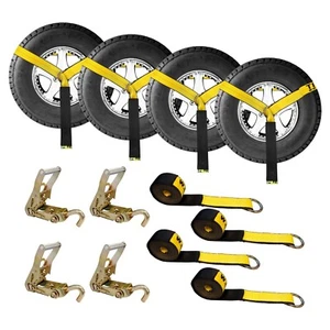 USA 4 Set 2" x 10' Lazo Cinghia Sollevamento Ruota Cricchetto Girevole J Gancio per Traino Auto - Foto 1 di 50