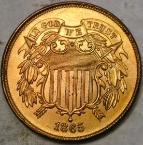 1865 TWO CENT PIECE GORGEOUS CRISP MOTTO SHIELD WREATH WITH DIE BREAKS/RIM CUDS - Picture 1 of 2