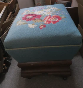 Vintage Handmade Needlepoint Wood Frame Leg Ottoman Stool 20" X16" Petit Point - Picture 1 of 12