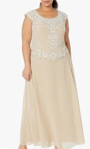 J Kara Cap Sleeve Long Beaded Dress Size 16W Champagne NEW - Picture 1 of 2
