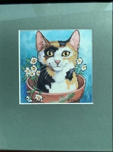 Potted Cat animal art print by Joy Campbell size 9"x11" art 5"x5" - Picture 1 of 5