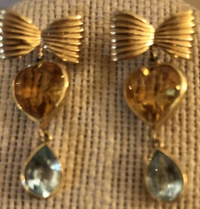 14kt yellow gold Bow Real Citrine heart & pear shaped blue topaz dangle earrings - Picture 1 of 10