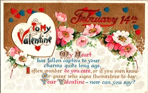 Vintage Post Card Valentines Day Gold Background Flowers - Picture 1 of 2