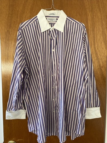 Camicia bianca uomo Burberrys Of London 17 5 34 blu rossa a righe 100% cotone