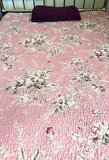 Pink Twin Size Cotton Floral Quilt Coverlet Burgundy Reverse Stripe 80"X80" GUC